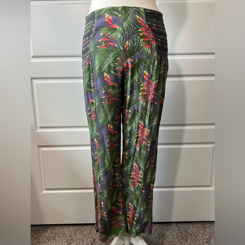 Tropical Floral Print Pants‎ Smocked High Waist Wide Leg Lounge Casual